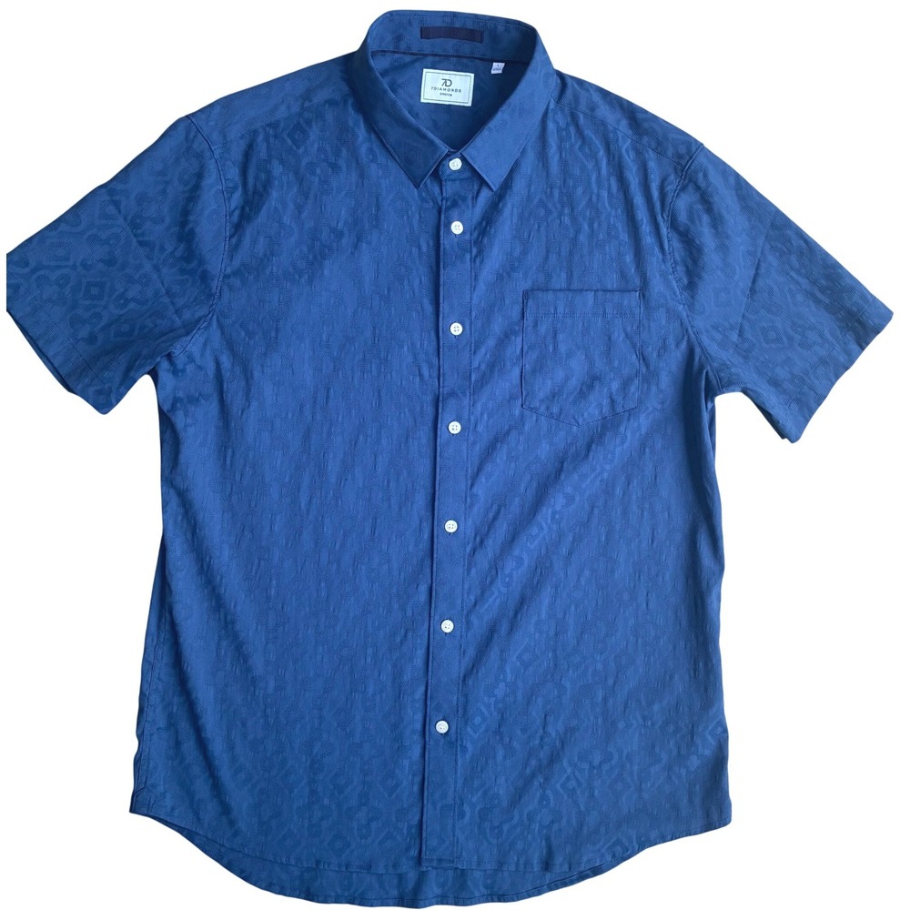 7Diamonds Stretch Mens Large Blue Geometric Jacquard Short Sleeve Button Down